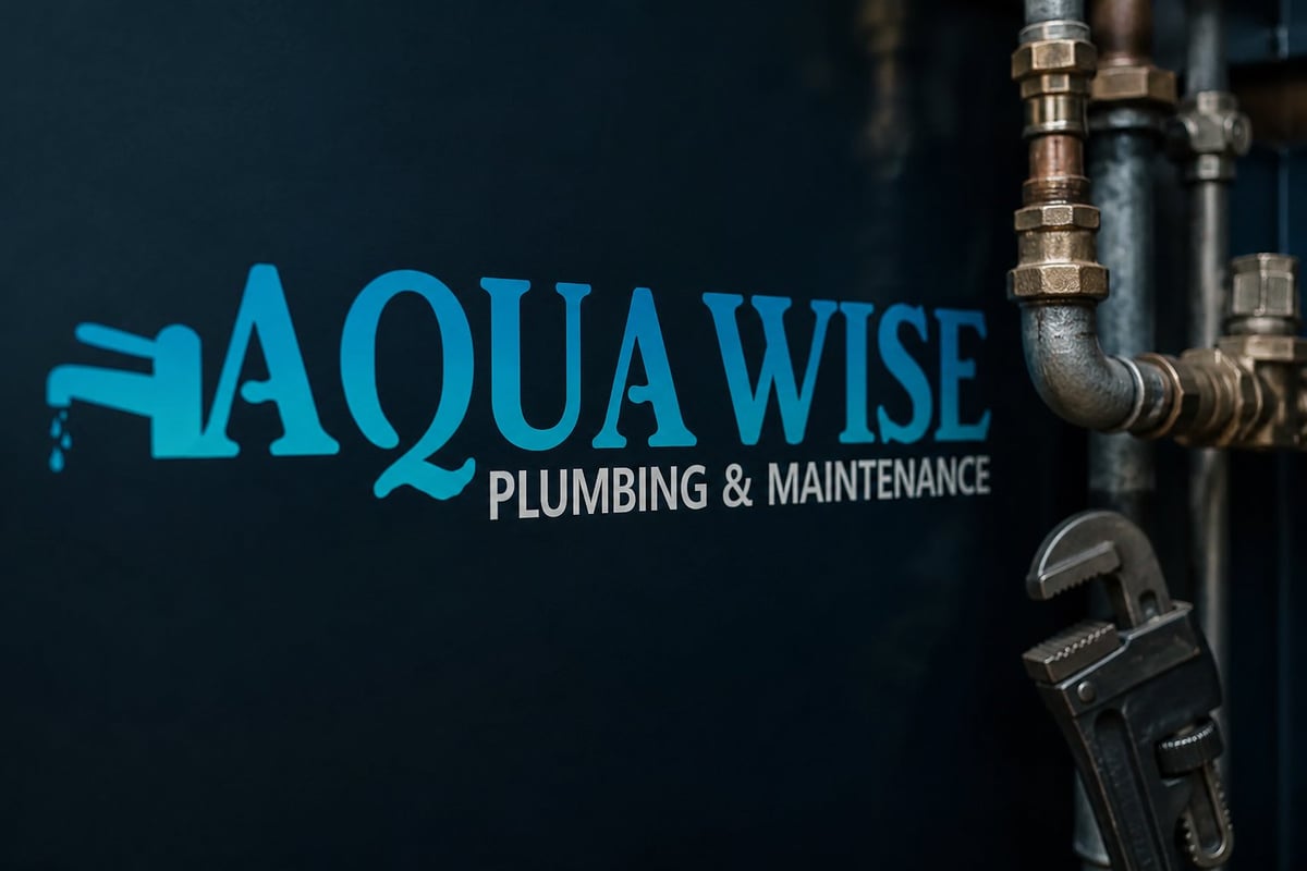 AquaWise Plumbing and Maintenance logo with blue text on dark background, featuring pipes and wrench tool