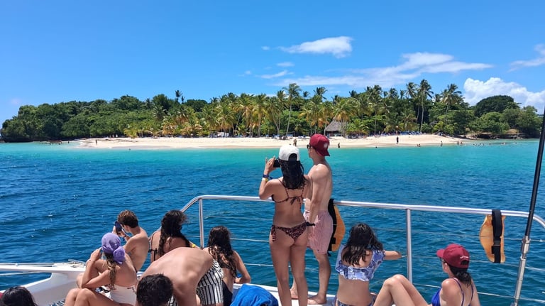 Group of tourists on a boat viewing a pristine tropical beach with turquoise water and palm trees