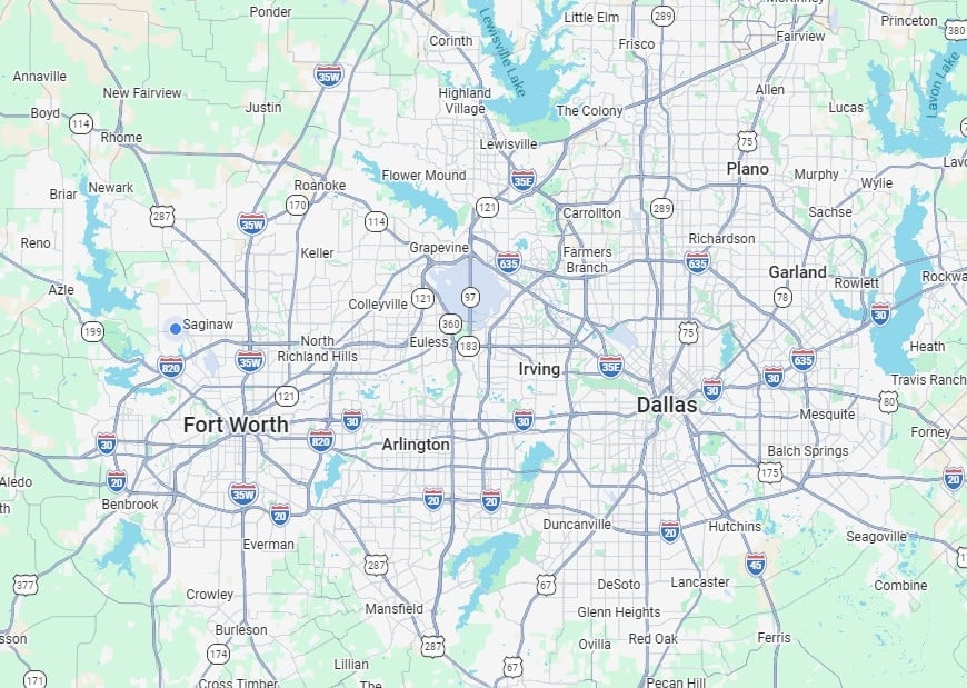 Map of Dallas-Fort Worth metropolitan area showing roads, highways, and major cities with blue water features