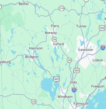 Road map of Oxford, Maine area showing towns, highways, and waterways