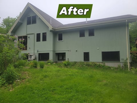 After: Modern green and gray house exterior with large windows shown after renovation, surrounded by green lawn and trees