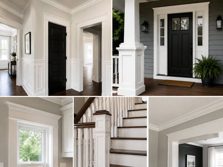 Collection of home interior photos showing black doors, white trim, staircases, and entryways in modern farmhouse style