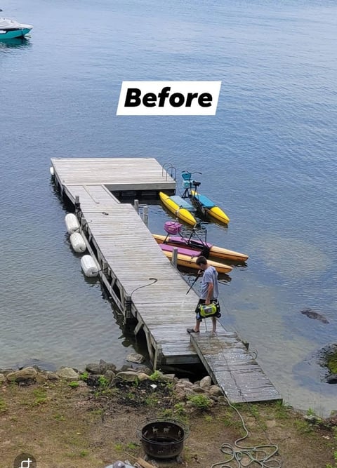 Before: Wooden dock with disorganized kayaks and watercraft scattered along the pier and in the water
