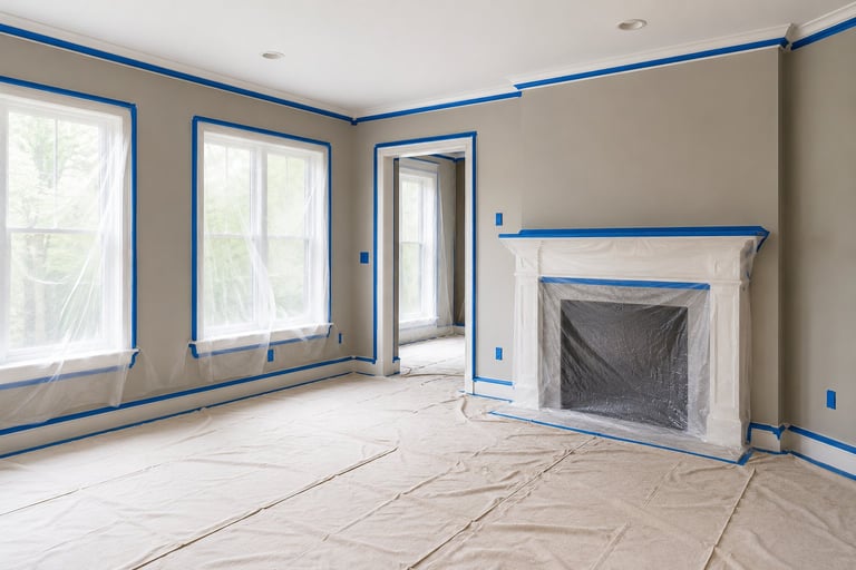 Room under renovation with blue painters tape on walls and trim, plastic sheeting on floor, and fireplace covered with protective material.