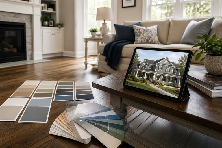 Digital tablet displaying a house exterior on a living room floor with paint color swatches nearby, showing interior design planning