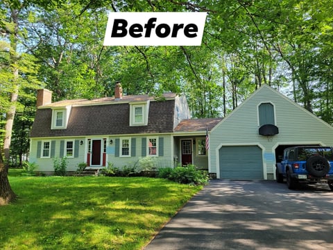 Before: Green colonial-style house with attached garage and van parked in driveway, surrounded by mature trees