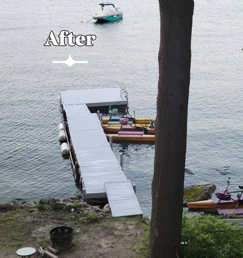 After: White dock platform extending into water with small boats moored nearby, showing improved waterfront conditions