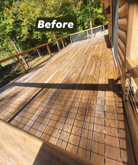 Before: Wooden deck with railing overlooking forest, showing weathered wood surface with shadow patterns