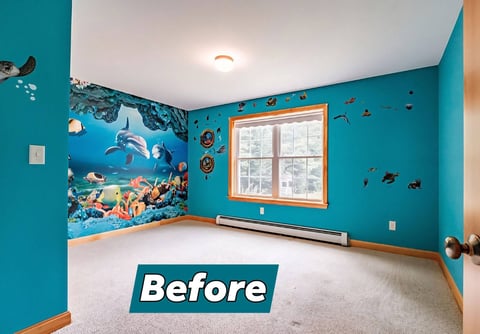Before: Bright turquoise bedroom with ocean-themed wallpaper, empty carpet, and large window