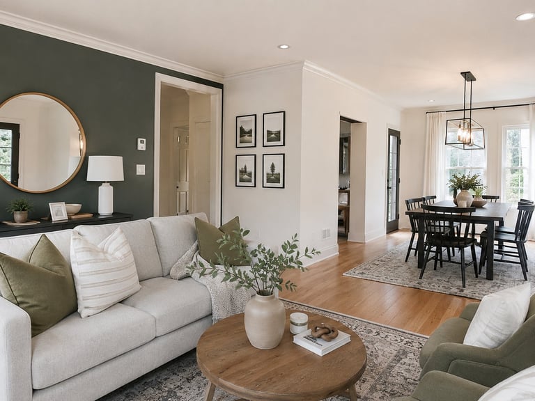 Modern open-plan living room with light gray sofa, round wood coffee table, green accent wall with round mirror, and dining area with black table visible in background.