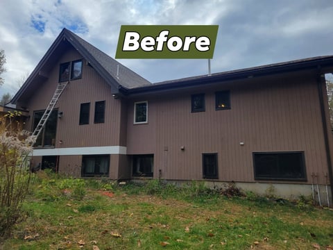 Before: Large brown residential home with peaked roof and front lawn