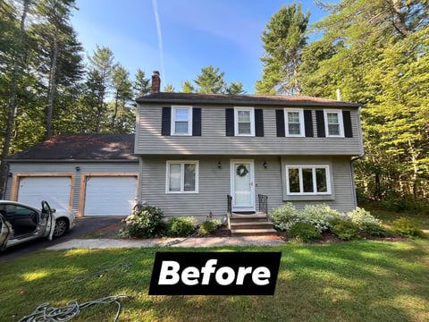 Before: Gray two-story colonial house with a two-car garage, surrounded by trees and green lawn