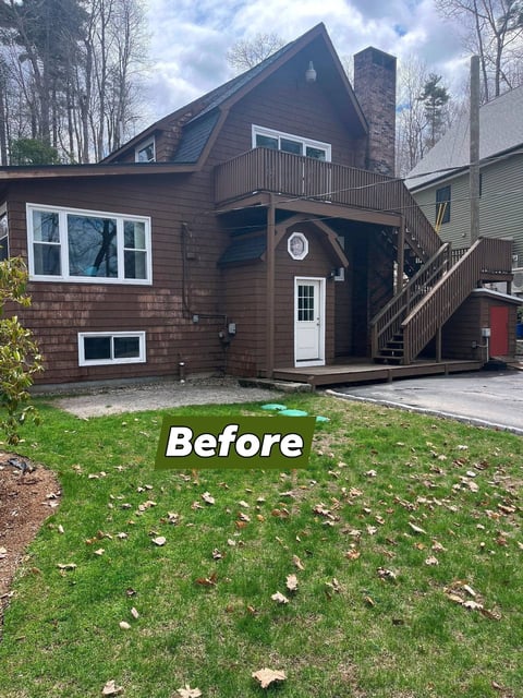 Before: Brown A-frame house with wooden deck and exterior stairs, part of a home renovation project