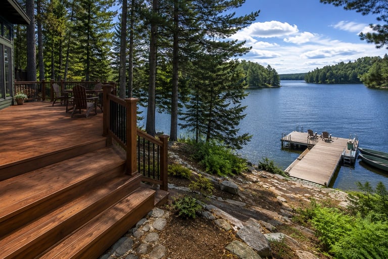 Wooden deck and dock on a scenic lakeside property surrounded by pine trees and blue water on a clear day