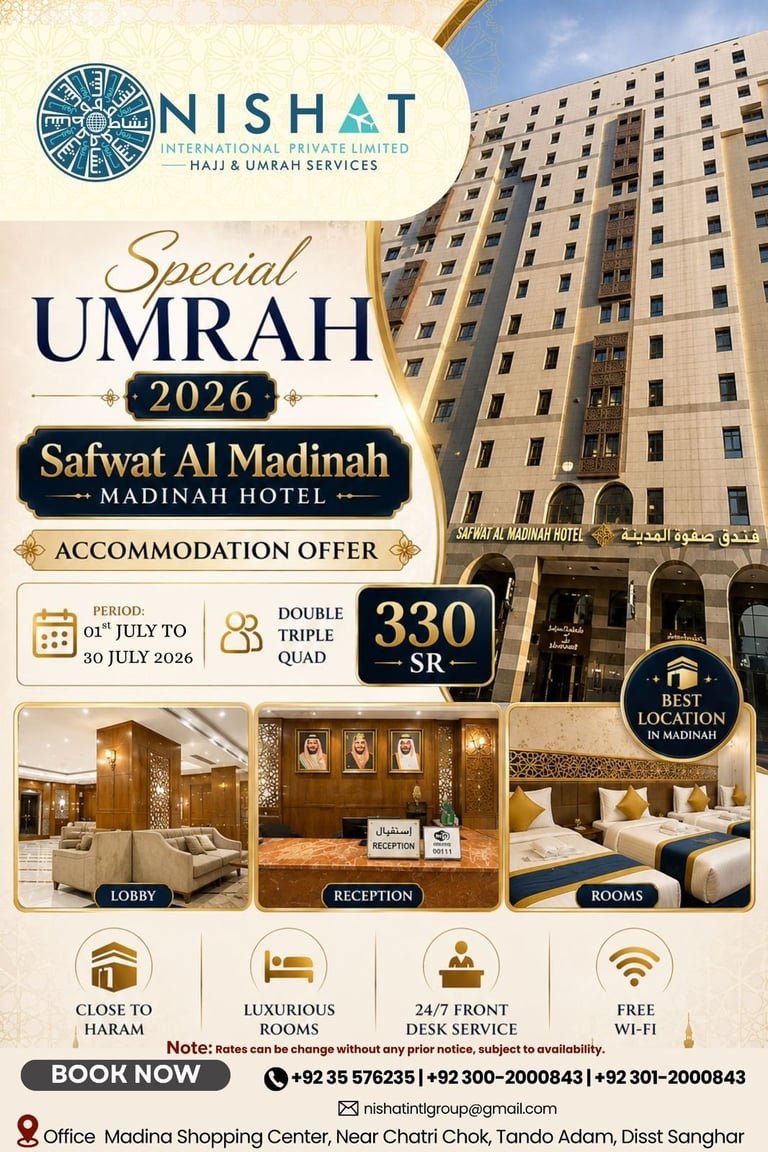 Nishat Umrah 2026 package flyer featuring Safwat Al Madinah Hotel with accommodation offer of 330 SR for July 1-30, including lobby, reception and room amenities
