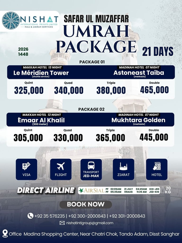 Safar Ul Muzaffar Umrah Package 21 Days promotional flyer showing hotel options and pricing with visa, flight, and hotel icons