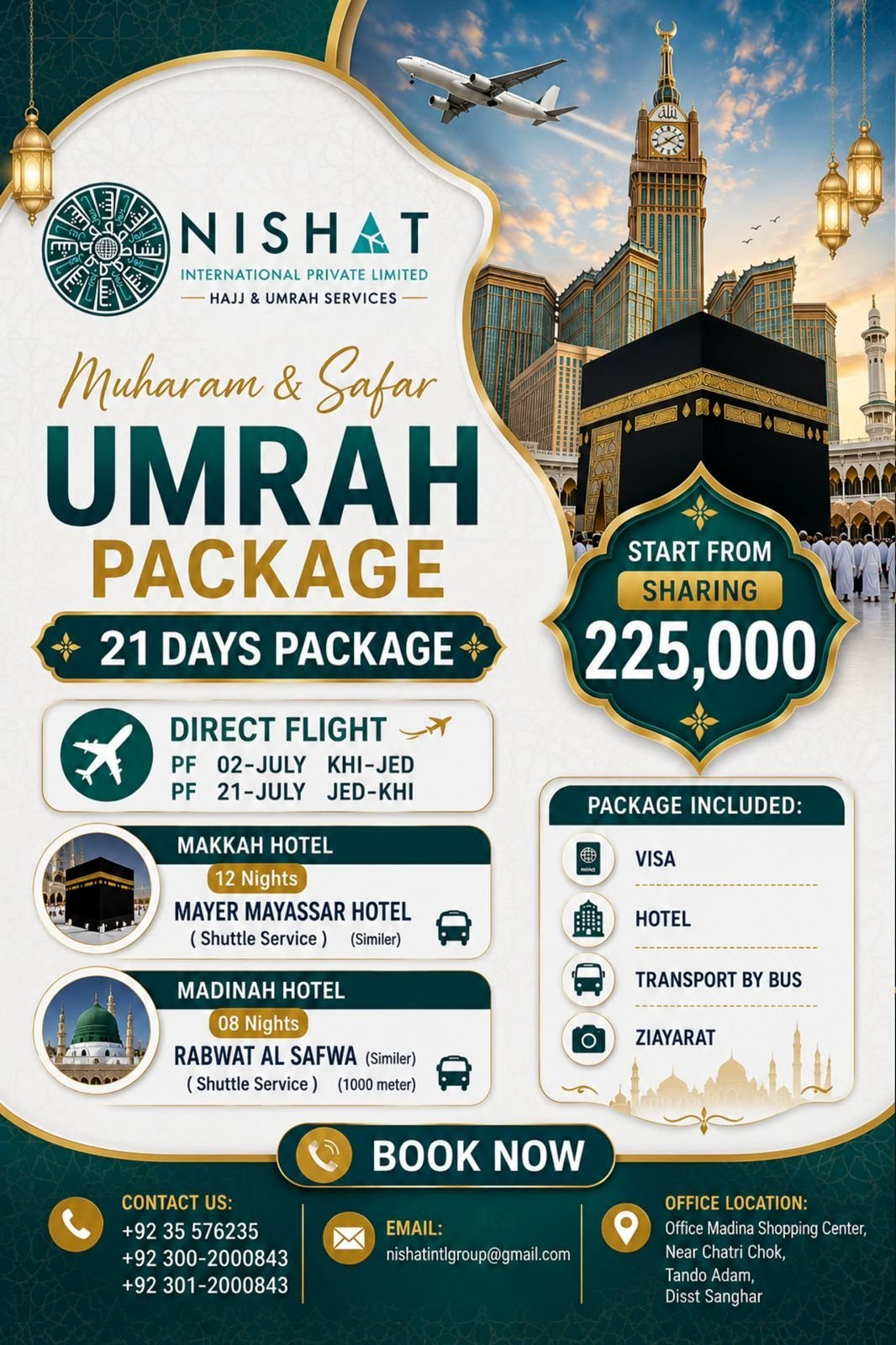 Nishat Umrah package promotional flyer featuring 21-day Hajj and Umrah tour starting from 225,000 with flights, hotels, and transportation included