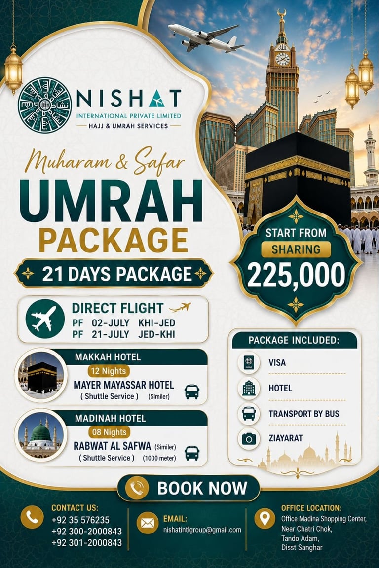 Nishat Umrah package promotional flyer featuring 21-day Hajj and Umrah tour starting from 225,000 with flights, hotels, and transportation included