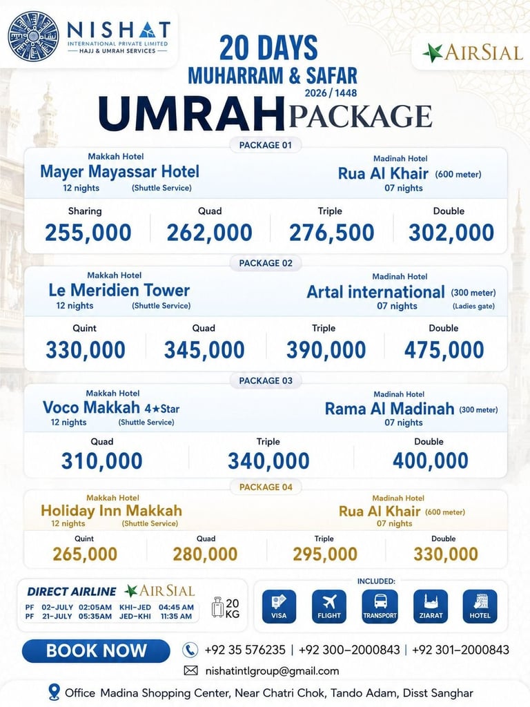 20 Days Muharram and Safar Umrah Package pricing for four Makkah and Madinah hotels with rates in Pakistani rupees