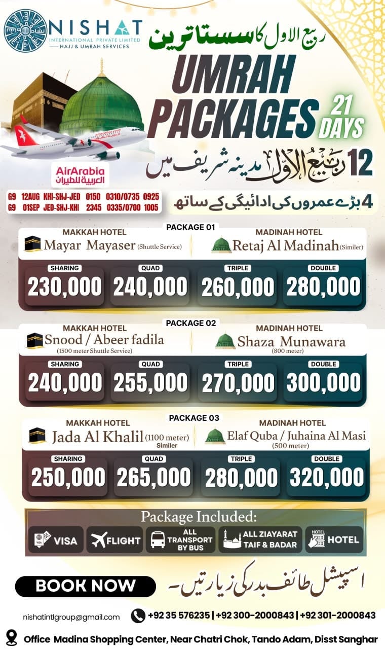 Umrah packages advertisement showing 21-day 12 Riyals pilgrim tour with hotel and flight options from Nishat Hajj Services