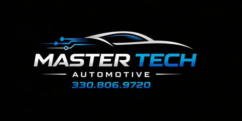 Master Tech Automotive logo featuring a car silhouette with circuit design elements and contact number 330.806.9720