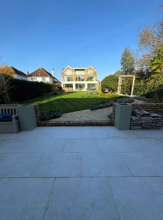 Porcelain patio detail with lawn