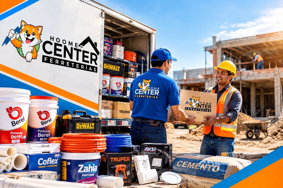Construction workers at a Home Center building materials stand displaying tools, supplies, and equipment on an active construction site