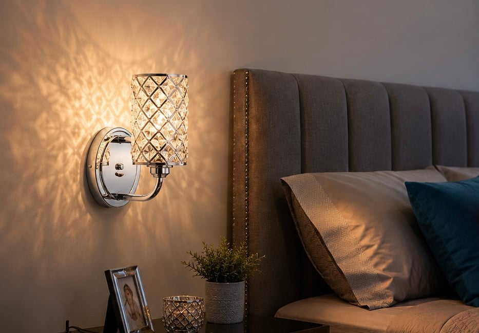 Lámpara de pared protagonista con pantalla geométrica de cristal y luz cálida iluminando una recámara moderna junto a cabecera tapizada