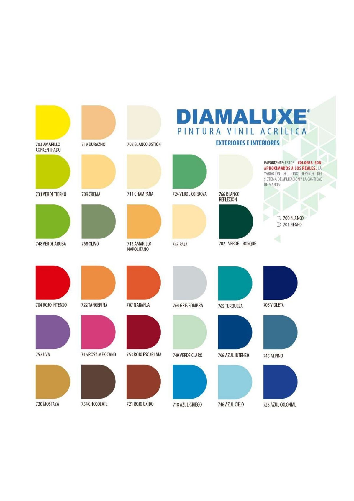 Carta de colores Diamaluxe — 36 colores con nombres y códigos, pintura vinil acrílica para exteriores e interiores