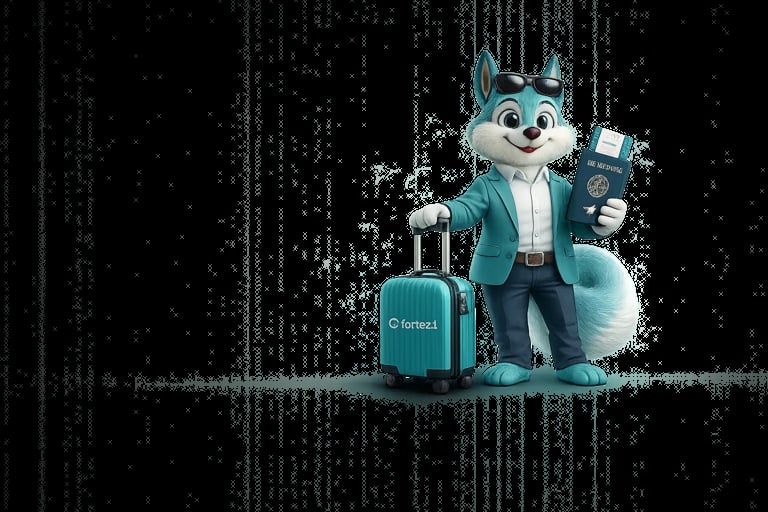 Animated blue fox mascot holding a passport and suitcase with digital matrix background