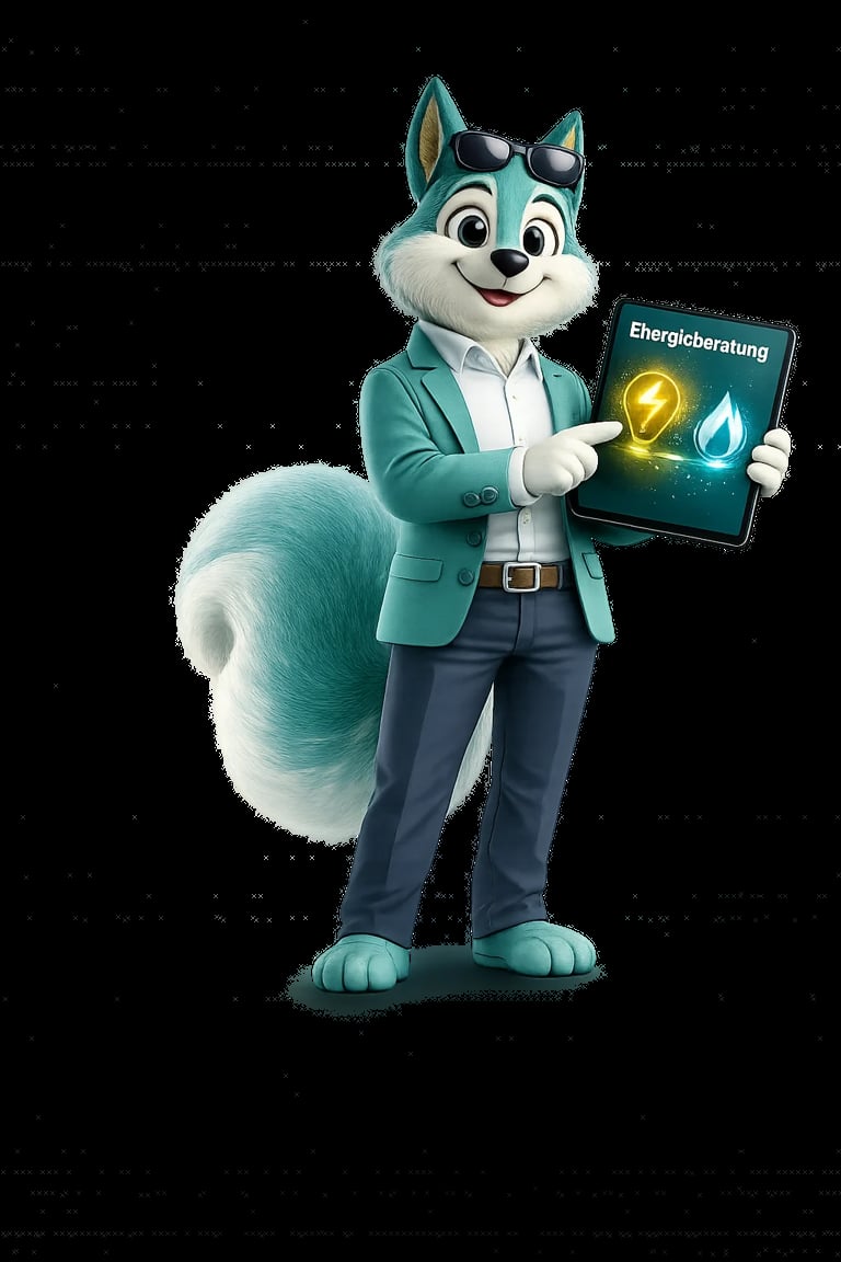 Anthropomorphic turquoise wolf mascot in business attire holding tablet displaying energy consultation with lightning and water icons