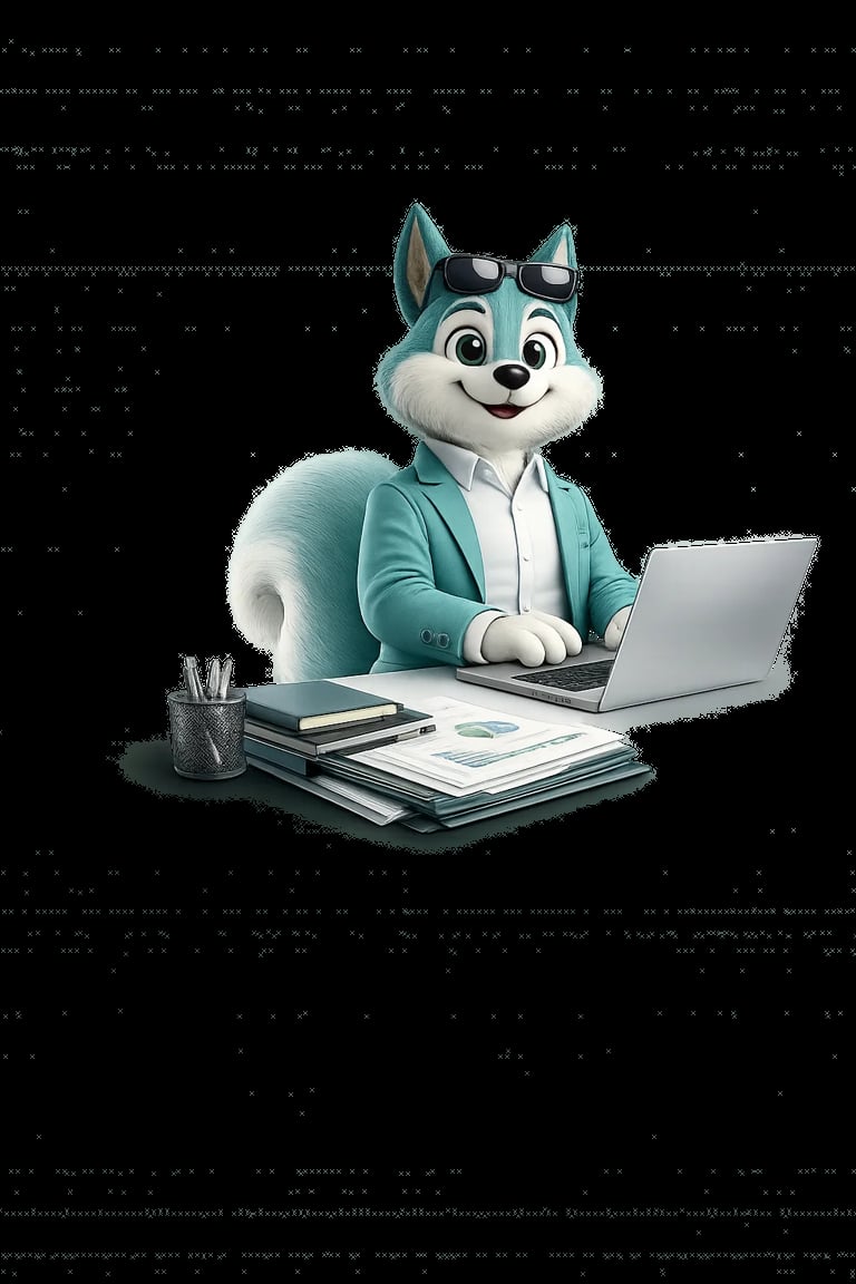 Animated teal and white fox character wearing a blazer and glasses, working at a laptop with books and pencils on a digital background