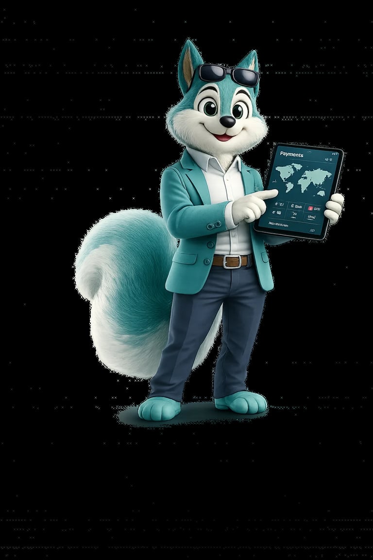 Cartoon turquoise fox character wearing sunglasses and teal blazer, holding a tablet displaying world map, standing against dark tech background