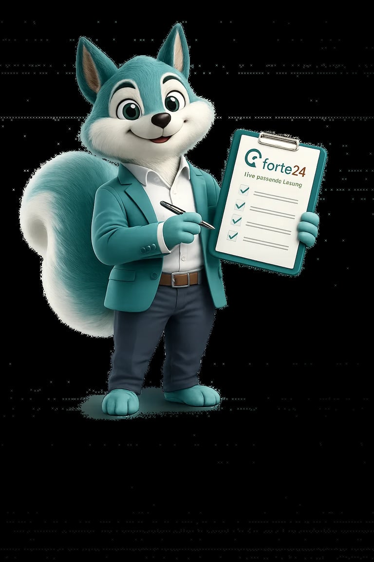 Friendly turquoise fox mascot in business attire pointing to a Forte24 checklist clipboard with checkmarks