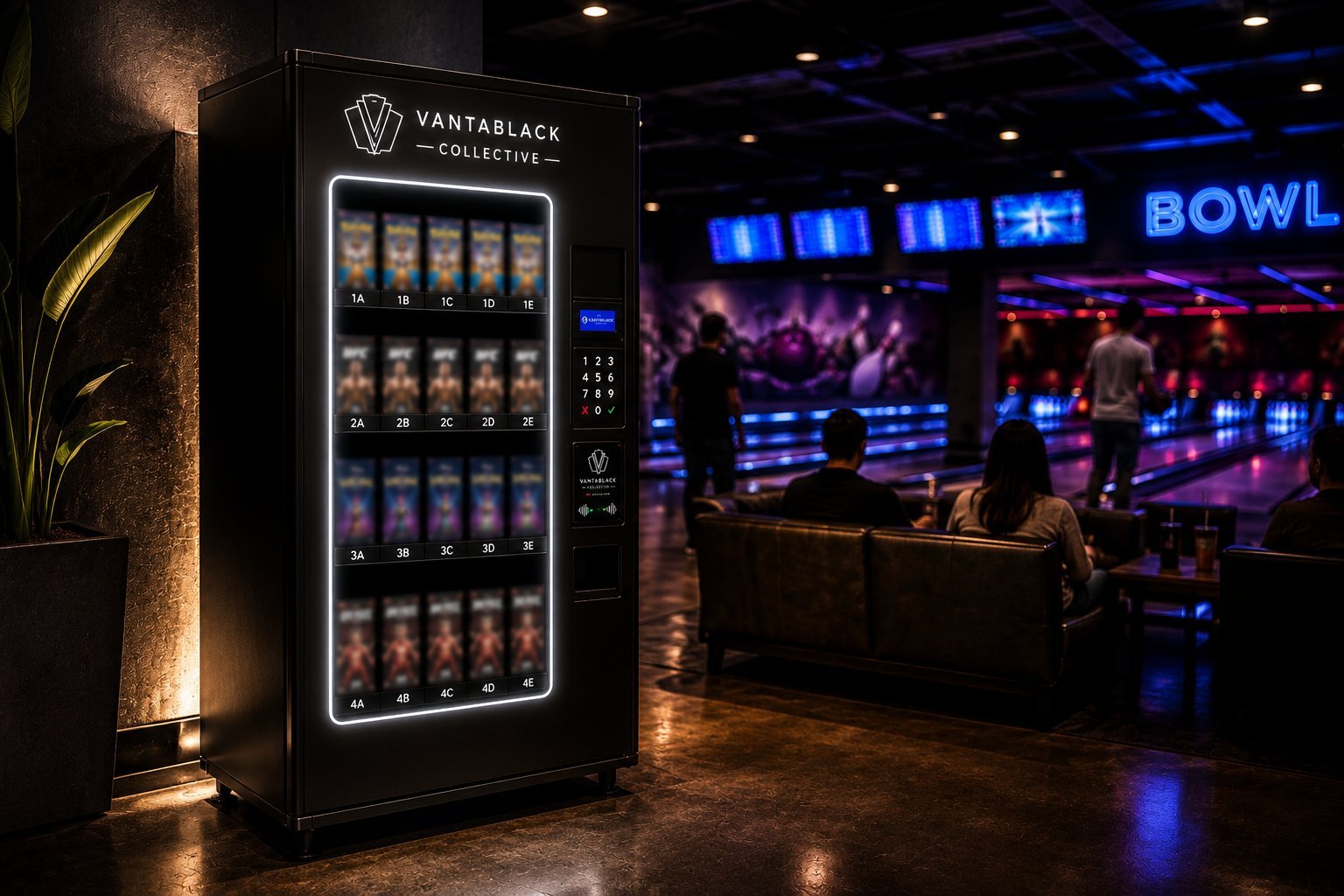 A VantaBlack beverage refrigerator in a dark bowling alley with neon blue lighting and bowling lanes visible in the background