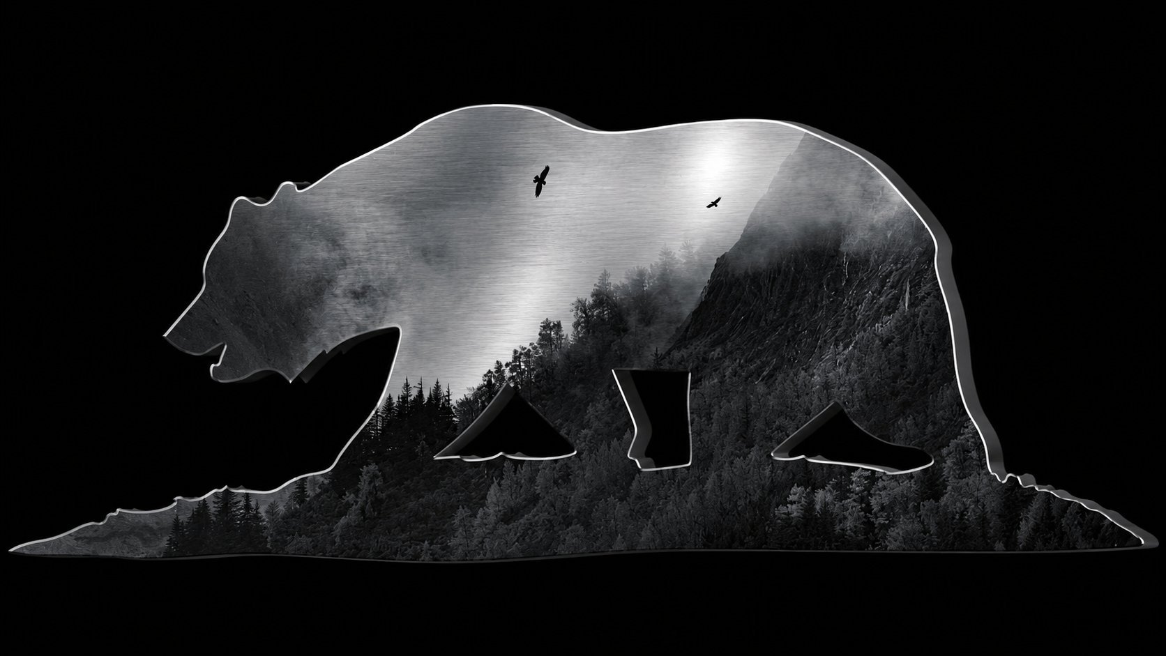 Bear silhouette filled with forest landscape and mountains in black and white double exposure artwork