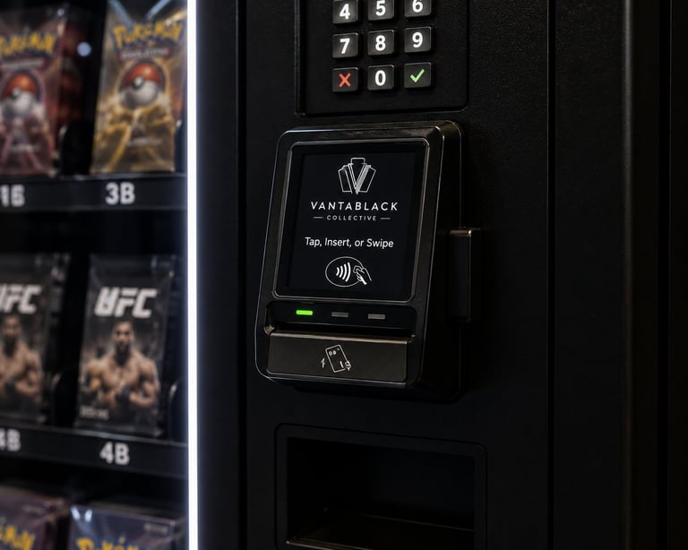 Black payment terminal with Vantablack branding, displaying Tap Insert or Swipe instructions, mounted on a vending machine with UFC merchandise visible in background