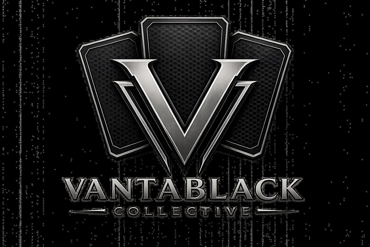 Vantablack Gold Line logo featuring a large metallic V symbol with playing cards on a dark digital background