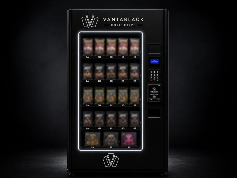 Black VantaBlack Collective vending machine with product display grid and digital keypad on right side