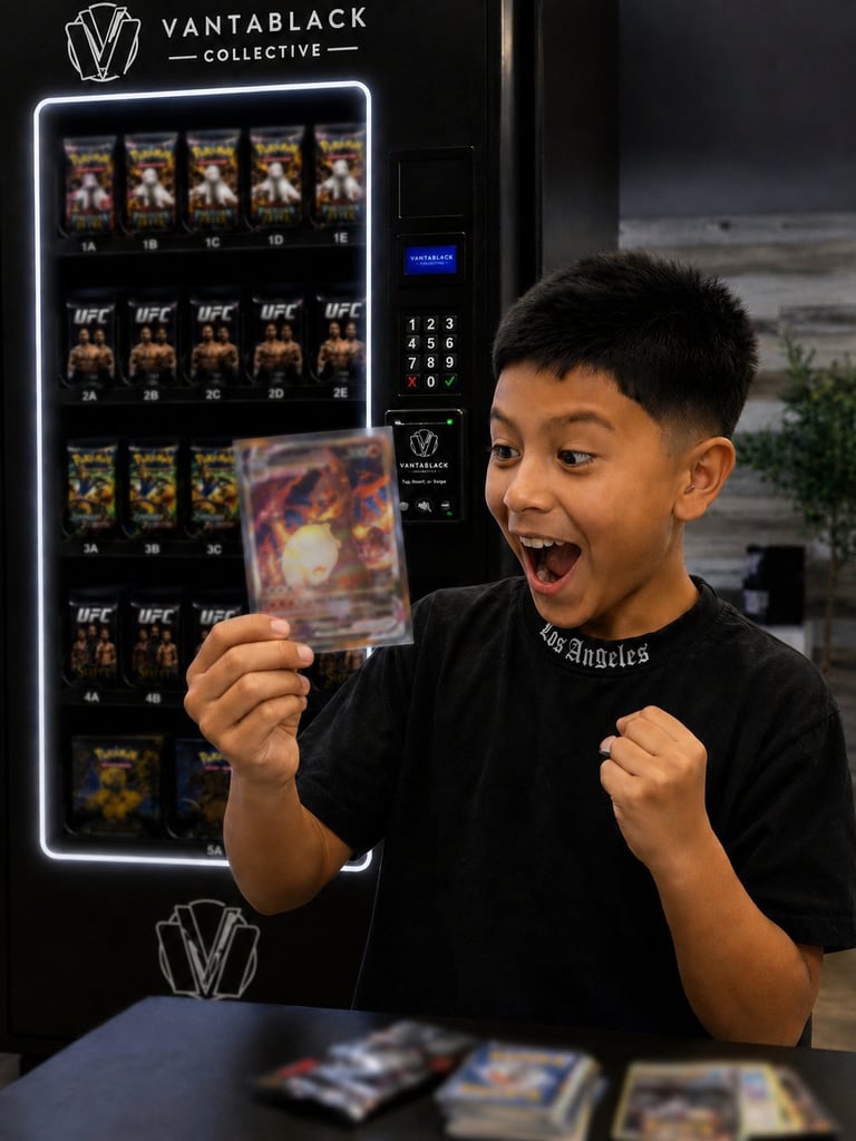 Young boy excitedly holding a UFC trading card in front of a VantaBlack Collective vending machine displaying collectibles