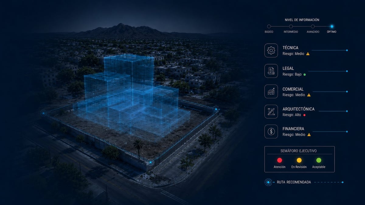Aerial view of a city with holographic 3D building blueprint overlay and digital interface menu on right side