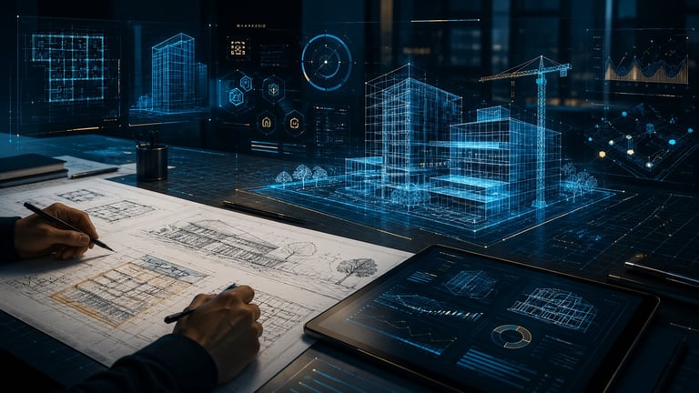 Architect reviewing blueprints with 3D holographic building model and digital design interface on tablet