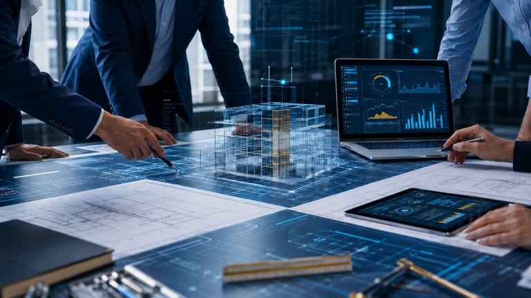 Business professionals analyzing data with holographic 3D charts, blueprints, and digital displays on tablet and laptop in modern office