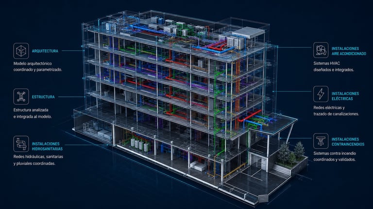 Modelo BIM coordinado del edificio Tres Ríos con arquitectura, estructura e instalaciones integradas en una sola composición
