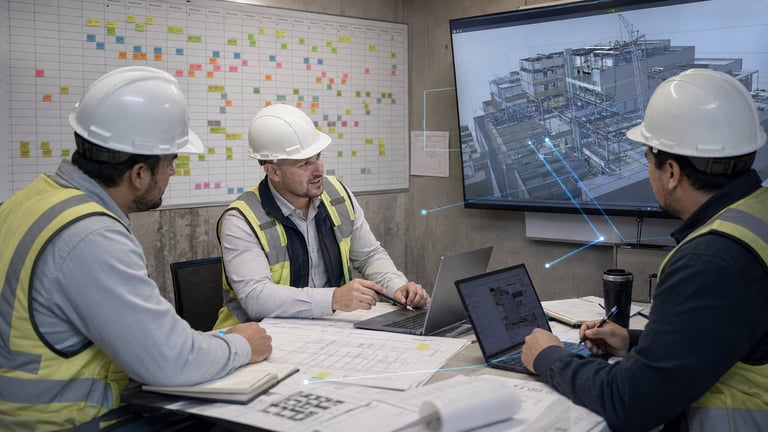 Three construction workers in hard hats and safety vests review blueprints at a table during a site meeting