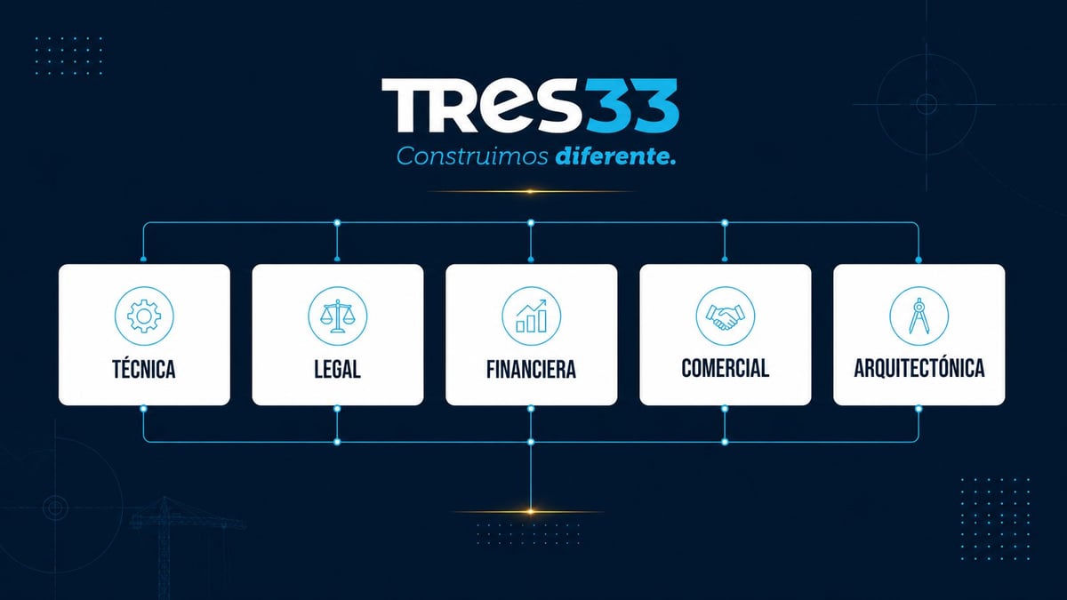 TRES33 logo with five service categories: Técnica, Legal, Financiera, Comercial, and Arquitectónica displayed on white cards with icons