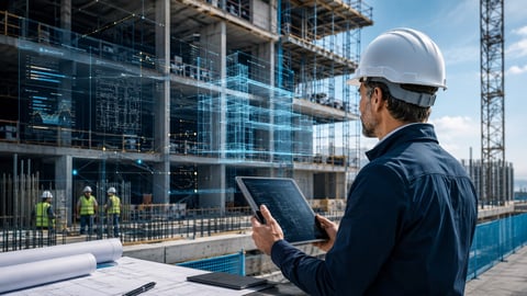 Construction site supervisor in hard hat holding tablet reviewing building plans with ongoing construction in background