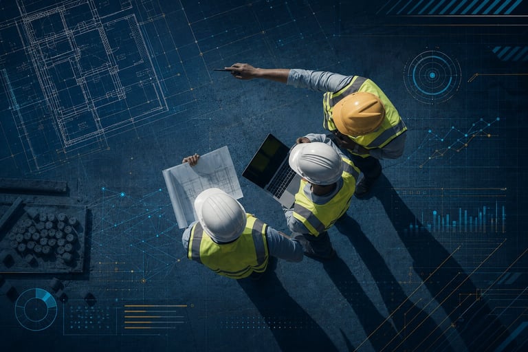 Two construction workers in hard hats and safety vests reviewing plans on a tablet with digital blueprint overlay and data visualization graphics
