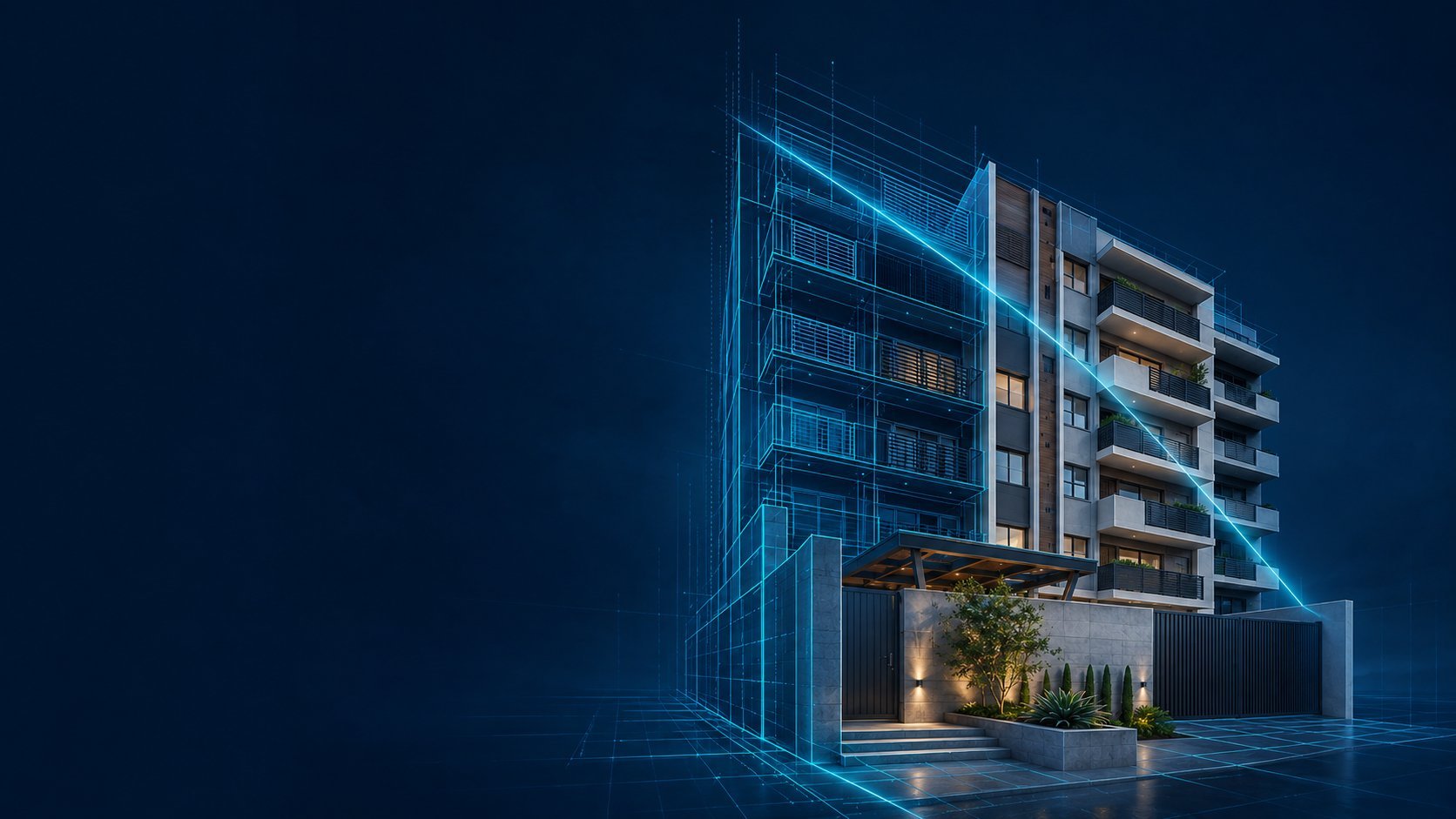 Edificio Tres Ríos representado parcialmente como modelo BIM y parcialmente como construcción terminada.