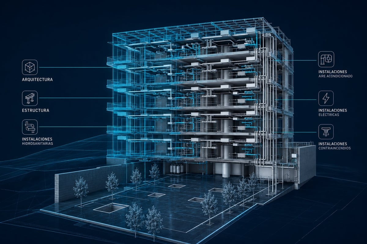 Modelo BIM coordinado del edificio Tres Ríos con arquitectura, estructura e instalaciones integradas en una sola composición.